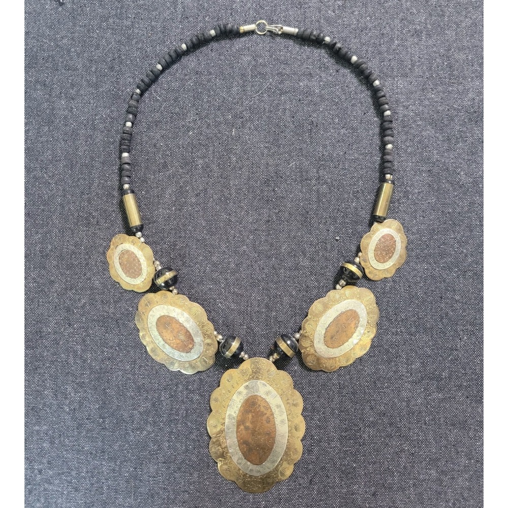 Vintage 60s 70s Brass Mixed Metal Beaded Necklace Funky Large Boho Hippy